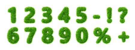 3d fur fluffy font, green grass texture numbers from 0 to 9. Natural eco organic balloons, percentage sign, question mark, exclamation, plus, minus symbol, render setの写真素材