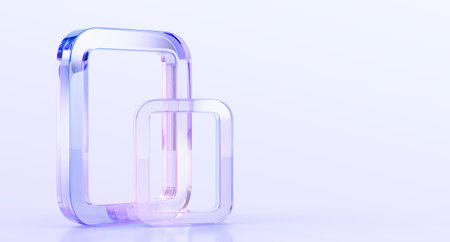 Abstract 3d blue background wallpaper with glass holographic transparent frames. Rectangle shapes crystal borders with light purple pink gradient. Render digital graphic tech bannerの写真素材