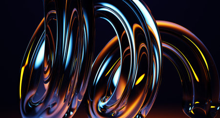 3d abstract fluid glass holographic transparent swirl on black background. Render chromatic spiral...