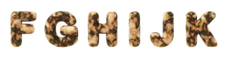 3d leopard font, fluffy alphabet letters F, G, H, I, J, K with animal fur texture and spotted pattern. Furry plush, shaggy English letters with cheetah skin print, isolated render setの写真素材