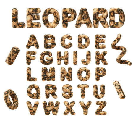 3d leopard text, alphabet with wild african cat skin print. Font letters of cheetah fur with spotted pattern. Abstract geometric shapes with hairy animal texture, isolated render setの写真素材