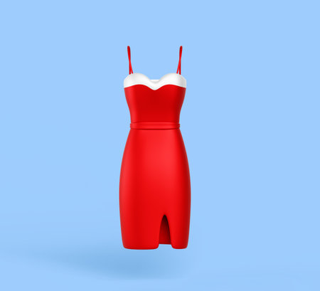 3d women red cocktail dress render. Realistic elegant silk evening gown on straps with slit, girl tight pencil dress. Scarlet sexy sheath dress. Cartoon fashion female satin clothesの写真素材