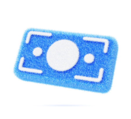 3d blue fluffy money banknote icon render. Furry cash dollar bill, paper currency with fur hairy texture for ui design isolated on white background. Business and finance success, bankの写真素材