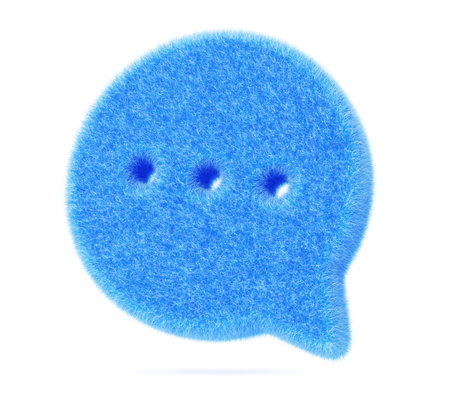 3d blue fur fluffy speech bubble, chat icon for text, message, dialog. Soft fuzzy web notification symbol with hairy texture. Circle communication social dialogue banner frame renderの写真素材