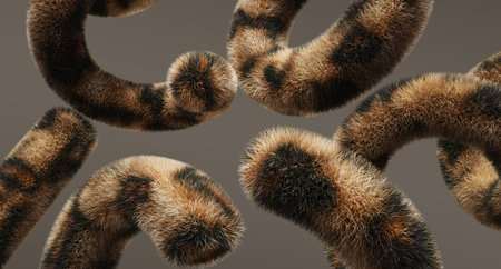 3d abstract fluffy geometric shapes with leopard skin texture and spotted pattern flying on brown...
