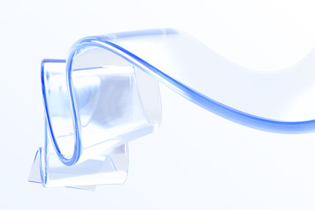3d water ribbon, aqua liquid stream, glass transparent clear tape wave line render. Abstract fluid flow curve shape with light blue gradient on background. Flying glossy plastic filmの写真素材