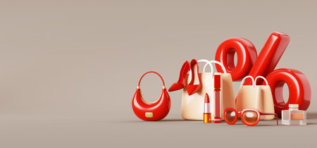 3d shopping bag with red high heel shoes, handbag, sunglasses, lipstick and perfume. Fashion store...
