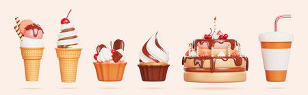 3d sweet dessert set - birthday chocolate cake with candle, cupcake with cream and cherry, ice...