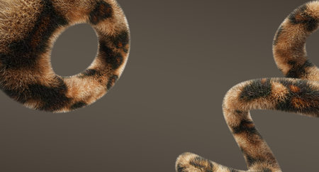 3d brown background with fluffy geometric shapes with pattern of leopard skin with spots. Abstract circle ring with wild animal fur print. Soft textile spiral line with wool textureの写真素材