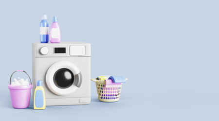 Washing machine with dirty clothes in laundry basket, detergents in bottles and bucket of soap foam bleach on blue background. Render household equipment, advertising banner templateの写真素材