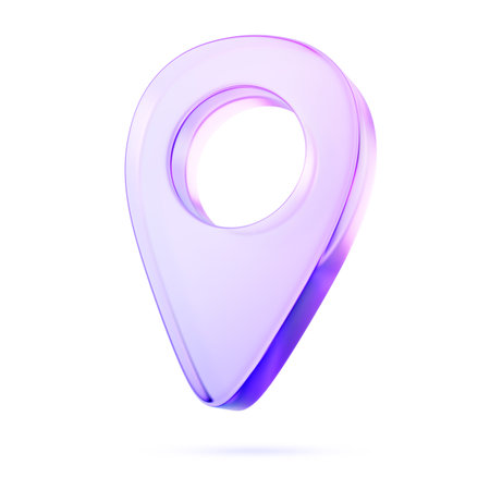 Glass holographic transparent map pin icon, location tag render. GPS navigation symbol, crystal geo marker with purple pink gradient texture, map pointer isolated on white backgroundの写真素材