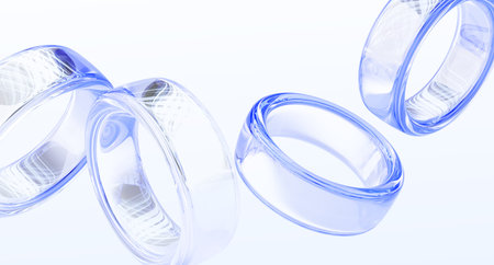 Abstract 3d background with glass liquid transparent circle rings flying in air. Water geometric...