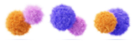 3d color fur fluffy balls. Abstract furry geometric spheres. Cute soft plush circle shapes with hairy texture. Pink blue yellow fuzzy wool orb or pom pom, isolated render icon setの写真素材