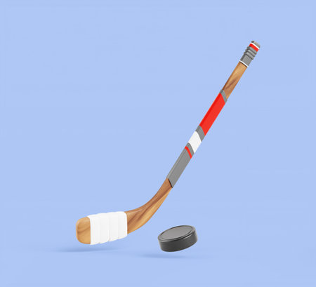 3d hockey stick with puck render icon. Sport equipment for team game on ice rink. Wooden hockey stick with red gray striped pattern and white tape on hook isolated on blue backgroundの写真素材