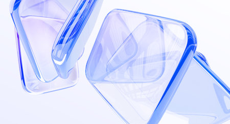 Blue glass transparent rectangular shapes flying on white background. Abstract crystal block plates with light purple gradient, glare and motion effect. Geometric hologram wallpaperの写真素材