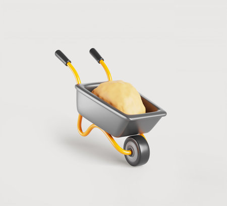 3d construction wheelbarrow with yellow sand pile. Garden building cart with load body, wheel and handles. Metal hand truck for transportation of goods. Isolated cartoon render iconの写真素材