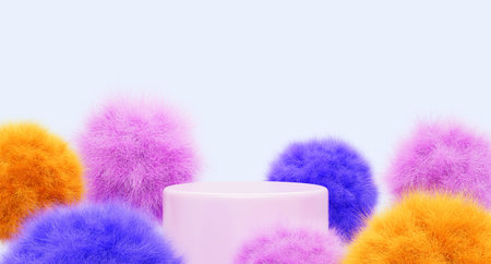 3d stage with pink, blue and yellow fluffy balls for award ceremony. Cylindrical podium and soft...