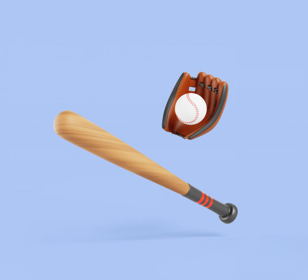 Baseball bit, ball and leather glove. Realistic render set of sport game equipment with brown wood...
