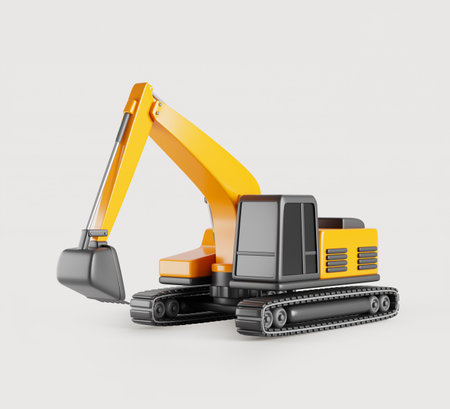 Yellow hydraulic excavator 3d render icon. Heavy industrial machinery, caterpillar backhoe with bucket and arm. Digger for construction, mining and excavation engineering worksの写真素材