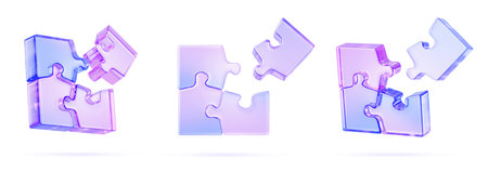 Glass holographic transparent puzzle pieces 3d render icon set. Crystal jigsaw game with neon...