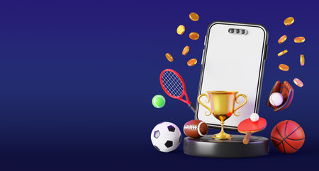 Online sport bet 3d banner. Winner platform with smartphone, champion cup, gold coins, game balls....