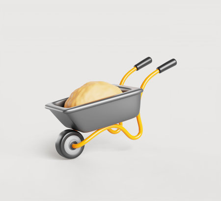 Wheelbarrow with yellow sand pile 3d render icon. Construction metal barrow with wheel and handles. Garden equipment, handcart to transport materials isolated on white backgroundの写真素材