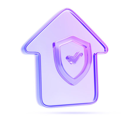 3d glass holographic house and security shield with check mark. Concept of home insurance service, life and property protection, protect family. Isolated purple gradient render iconの写真素材