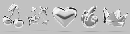 3d set of liquid chrome y2k shape render icon. Silver metal crown, cherry, heart, flame and stars in retro futuristic aesthetic style. Abstract design elements of aluminum or platinumの写真素材