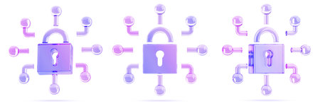 Cyber security technology concept. Render 3d set of glass holographic padlock icon with lines in...