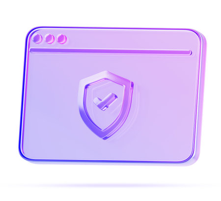 Glass holographic browser window with shield 3d render icon. SSL encryption, digital website security certificate, safety internet technology, protect network data and computer systemの写真素材