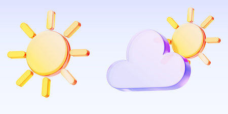 3d weather meteo icons, sun shining, holographic glass morphism cloud. Clear sunny day and cloudy with clearing. Climate forecast elements for app or web design, isolated render setの写真素材