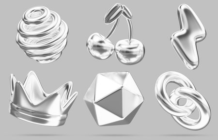 Chrome y2k abstract 3d shape set. Silver crown, spiral sphere, lightning, cherry, polygon, chain of liquid metal. Retro futuristic elements of steel or platinum, isolated render iconの写真素材