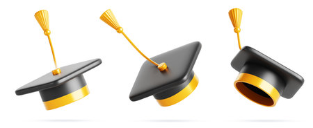 3d set of throw up graduation cap in air. Flying black academic hat with gold tassel in different view. Isolated mortarboard of graduate student in university, college or high schoolの写真素材