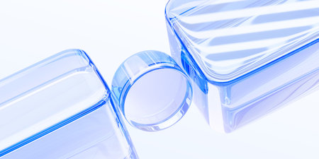 Light blue background with glass transparent circle and cubes 3d render. Abstract diagonal line...
