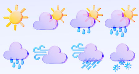 3d glass holographic weather icon. Sun, clouds with water drops, wind, downpour, snowflakes. Meteo...
