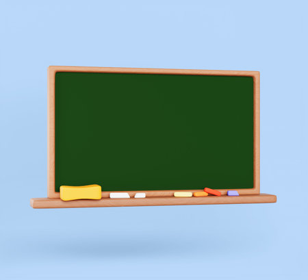 School chalkboard with wood frame 3d render icon. Isolated empty classroom blackboard with chalk and eraser for education. Slate mockup with green surface for back to school bannerの写真素材
