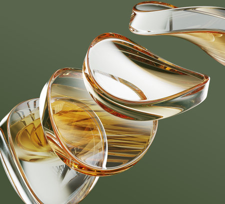 Gold glass round discs on abstract green 3d background. Golden clear circle plates of curve wave shape, light crystal prism refraction, lens flare and motion effect. Luxury wallpaperの写真素材