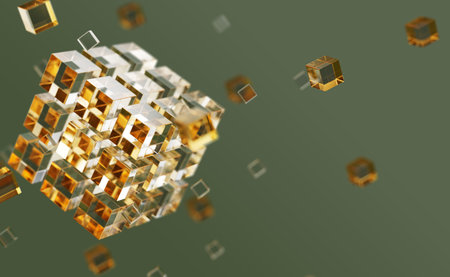 3d blockchain technology banner. Gold glass cube of connected crystal blocks with flying square...