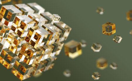 3d gold glass cube of connected crystal blocks with flying square boxes on abstract green background. Futuristic digital technology, nft, blockchain, data transfer speed, ai softwareの写真素材