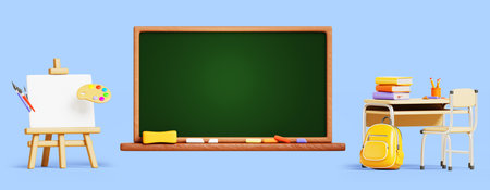 3d school interior set, classroom furniture with blackboard, student desk, chair, backpack, books, stationery, easel with canvas, paint, brush for painting class, cartoon render iconsの写真素材