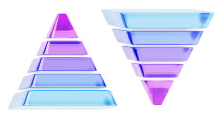 3d color glass pyramid and inverted render icon set. Crystal gradient triangle of five levels for...