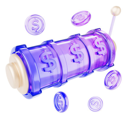 Glass hologram casino slot machine 3d icon with dollar signs, flying coins. Big win jackpot or gift online. Lucky gambling banner, gradient crystal roulette with lever, lottery moneyの写真素材