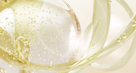 3d yellow background of water splashes with gold oil bubbles, liquid collagen or serum render. Skin care cosmetic product texture. Fluid flow waves with clear drops of essence or gelの写真素材
