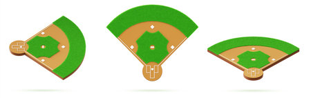 3d baseball field top view and perspective. Diamond shape infield with green grass, turf texture, home base, foul line. Ballfield for american league championship, isolated render setの写真素材
