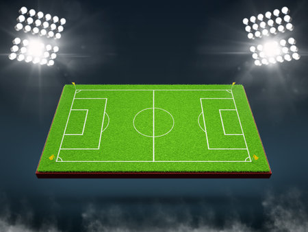 3d football field stadium illuminated by spotlights. Realistic render of night soccer pitch with green grass, white lines and spot of light. Empty sport arena for match, competitionの写真素材