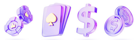 3d set of glass morphism casino game ui icon render. Holographic transparent playing cards, neon poker chips with crown, dollar sign, money coins for online vegas, lucky win gamblingの写真素材