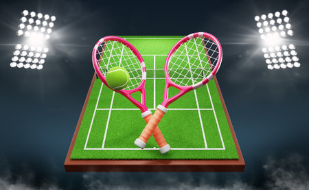 3d tennis court with rackets and ball at night stadium with floodlights. Tournament banner with green field, sports equipment logo icon and spotlights on dark blue background renderの写真素材