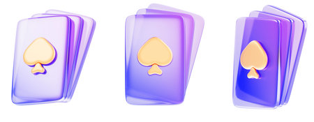 3d set of holographic glass morphism poker play card stacks with gold spades render. Online casino...