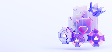 3d poker background with glass holographic transparent playing cards, neon chips, crown. Online...