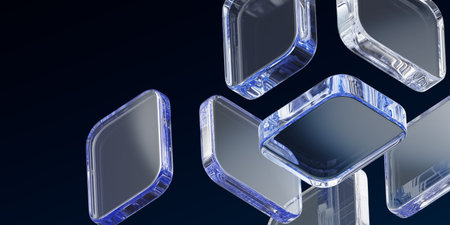 Abstract black 3d background wallpaper with glass transparent square plate shapes render. Light blue...